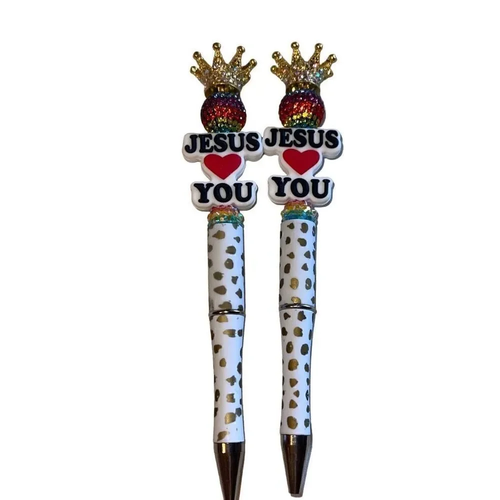Jesus loves you heart Christian crown beaded writing pen handmade spots animal p